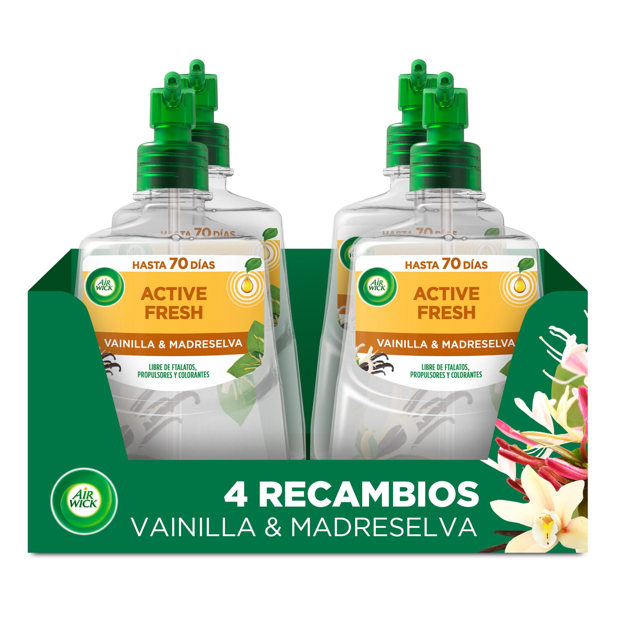 Air Wick Active Fresh Spray Automatico Sin Aerosol - Ambientador para casa con aroma a Vainilla y Madreselva - 4 Recambios (4x 228ml)