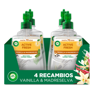 Air Wick Active Fresh Spray Automatico Sin Aerosol - Ambientador para casa con aroma a Vainilla y Madreselva - 4 Recambios (4x 228ml)