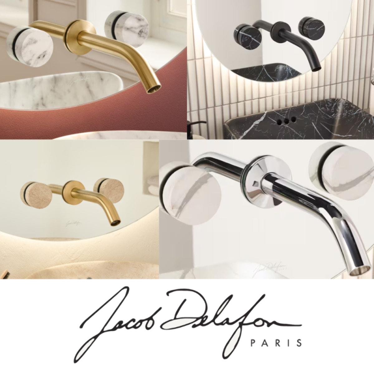 Miroir LED ovale 3 trous + mélangeur lavabo encastré 3 trous Grands Boulevards marbré orage et laiton brossé