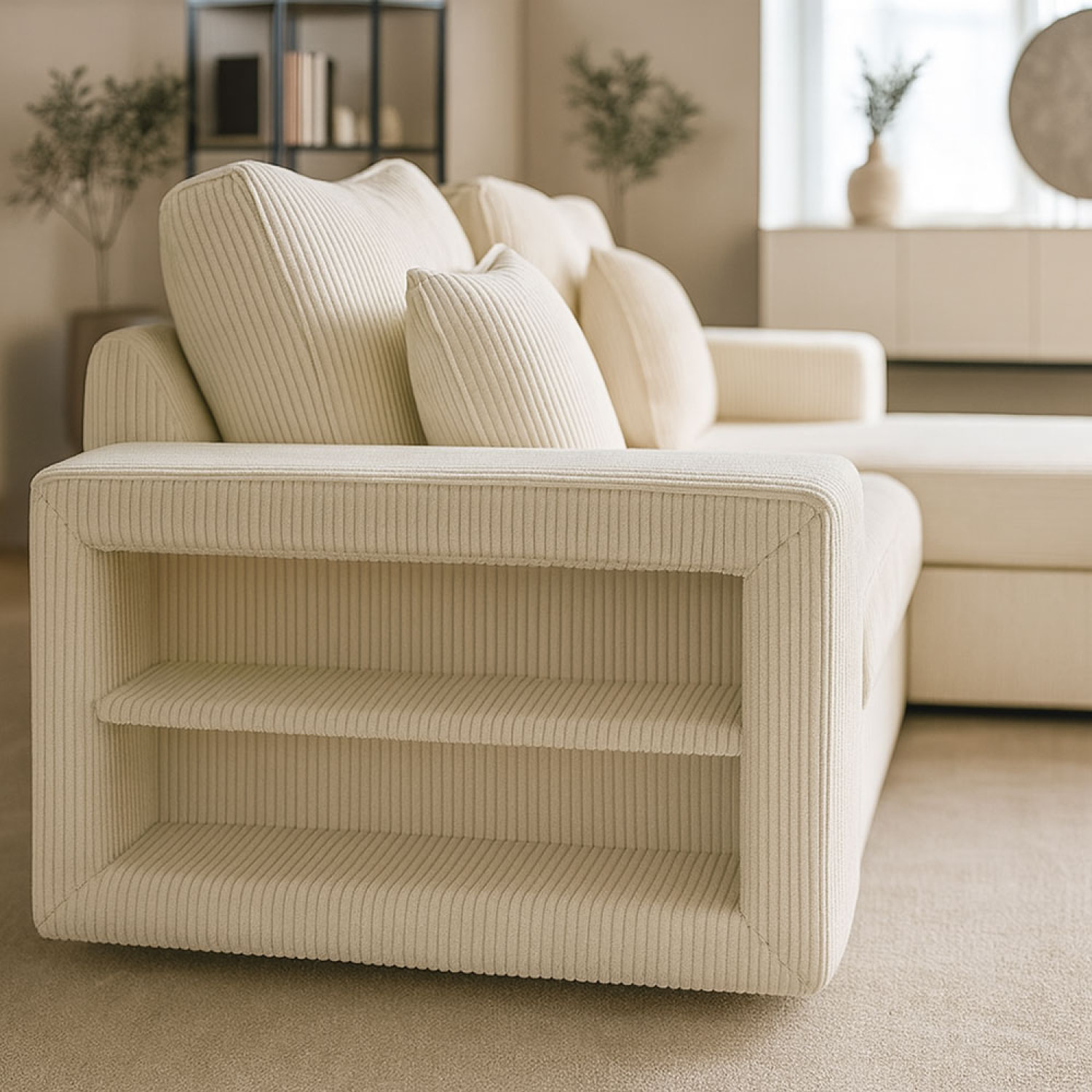 SAN DIEGO Canapé d'angle convertible 4 places avec coffre en velours côtelé beige