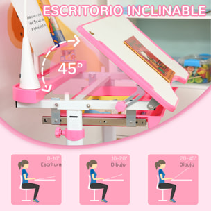 Juego de Escritorio y Silla para Niños de +6 Años Pupitre Infantil Altura Ajustable Escritorio Infantil con Mesa Inclinable Lámpara Cajón y Estante para Libros Rosa