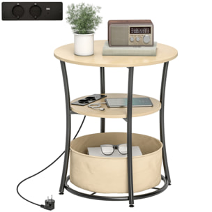 Mesa Auxiliar Redonda de 3 Niveles con Estación de Carga, Mesita Auxiliar Industrial con 2 Estantes Abiertos, Bolsa de Almacenaje, para Salón, Dormitorio, Librería, Ø50x55,1 cm, Madera Natural