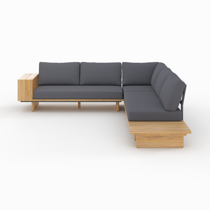 Canapé d'angle de jardin en bois et tissu gris 4 places - Seya