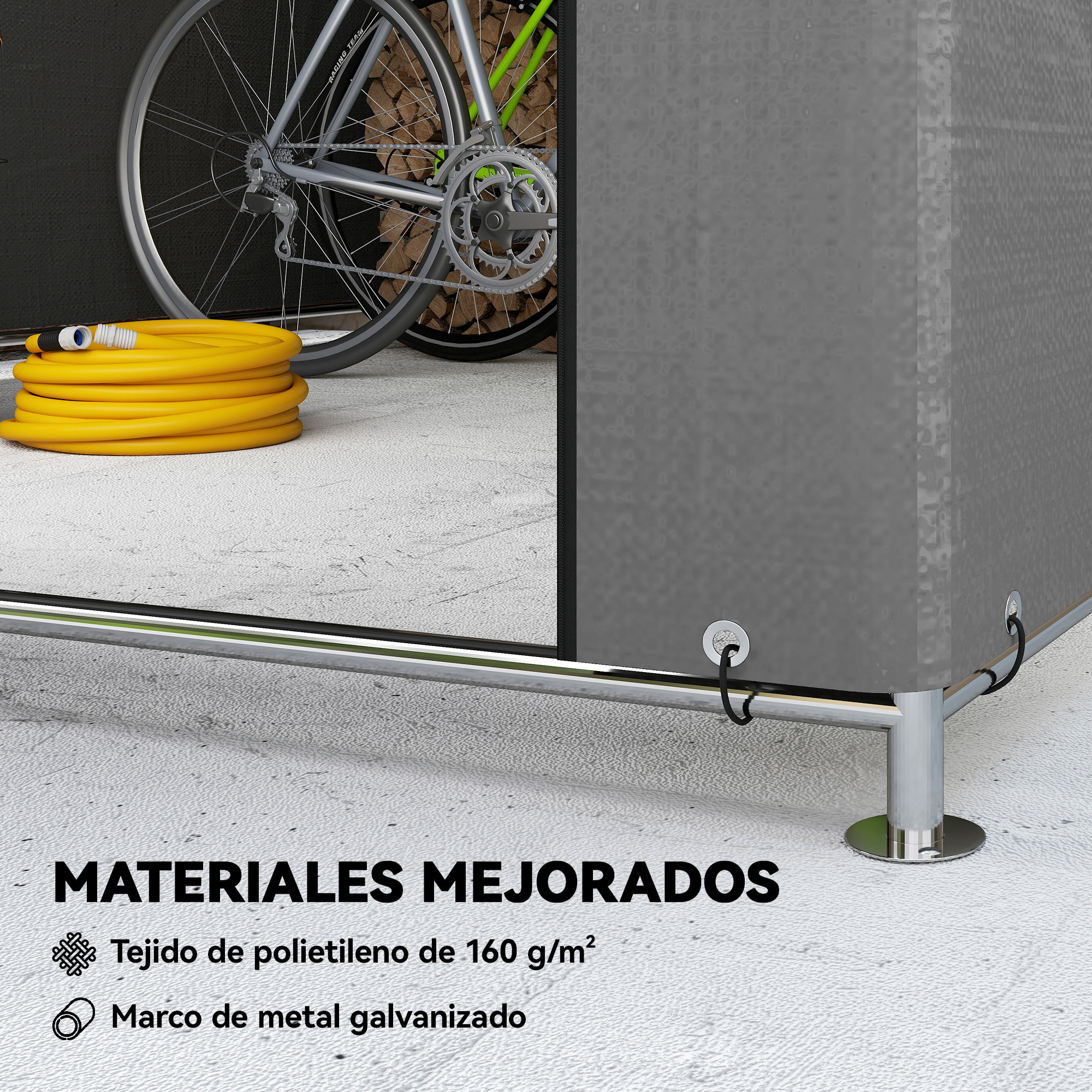 Carpa de Jardín Exterior para Herramientas, Bicicletas, 2,4x2x2 m, Cobertizo Exterior con Marco Metal Galvanizado, Puerta Enrollable con Cremallera, Impermeable, UV30+, Garaje Portátil, Gris