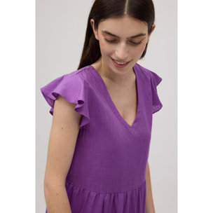 Abito corto svasato con dettaglio manica viola