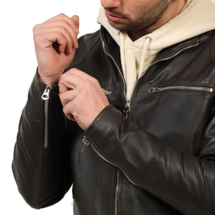 Giubbino in pelle di vitello nappa Marrone-Slim Fit