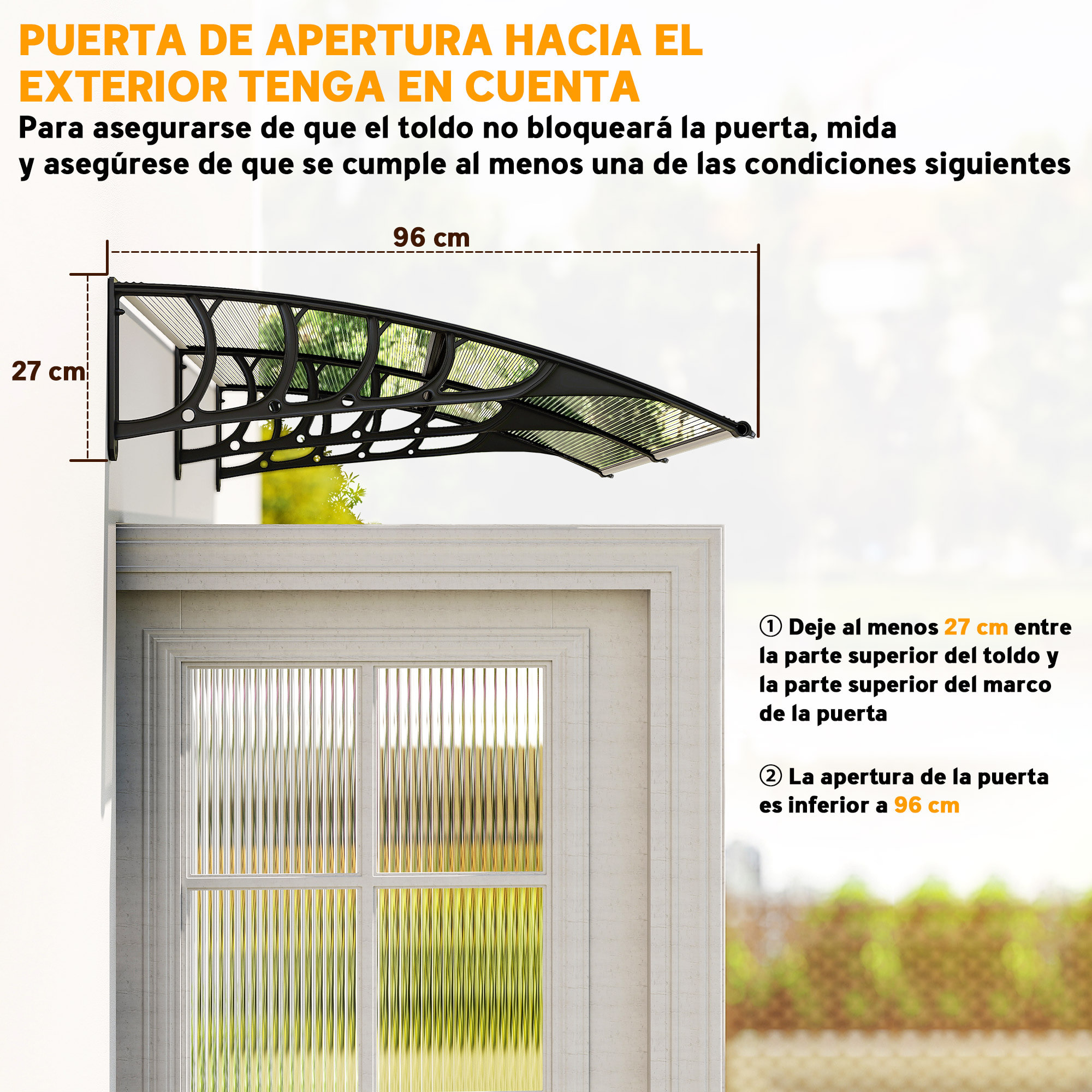 Marquesinas Exterior para Puertas y Ventanas 200x96x27 cm Tejadillo de Protección contra Sol y Lluvia con Soporte de Aleación de Aluminio PP Policarbonato Transparente