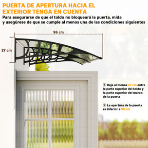 Marquesinas Exterior para Puertas y Ventanas 200x96x27 cm Tejadillo de Protección contra Sol y Lluvia con Soporte de Aleación de Aluminio PP Policarbonato Transparente