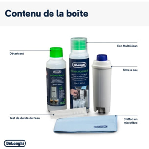 Kit d'entretien DELONGHI DLSC 306 détartrant, produit entretien carafe, chiffon, test dureté de l'eau