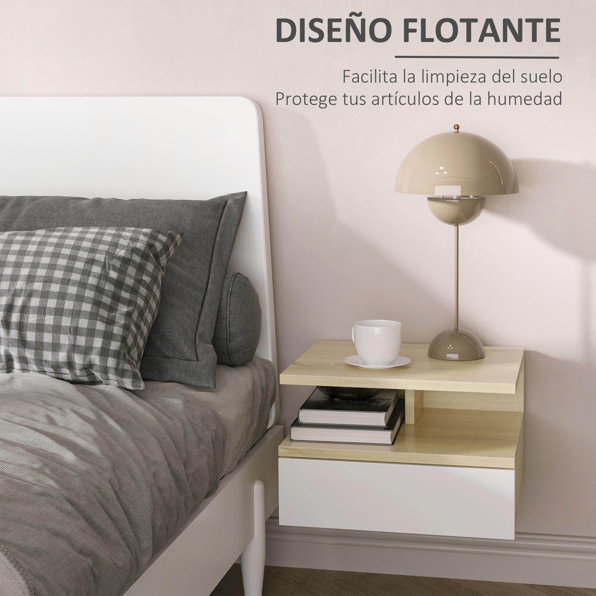 Set de 2 Mesitas de Noche Flotantes Mesillas de Noche de Pared con 1 Cajón y Estante Abierto Diseño Moderno para Dormitorio 35x32x22,5 cm Roble y Blanco