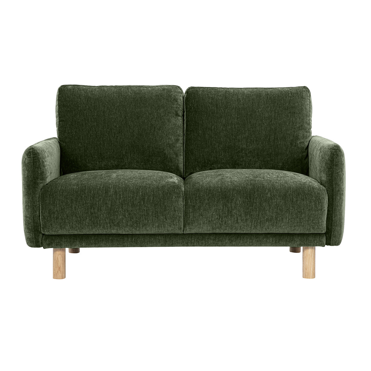 Canapé design 2 places en tissu effet velours vert kaki et bois clair BONO