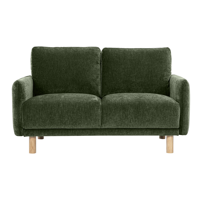 Canapé design 2 places en tissu effet velours vert kaki et bois clair BONO