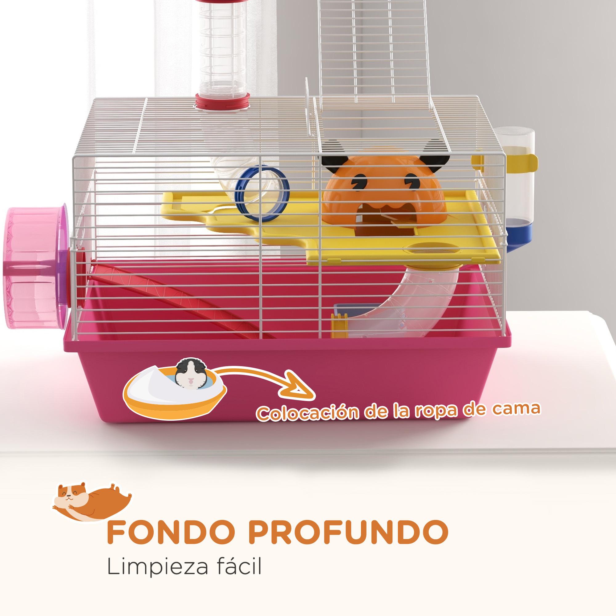 Jaula para Hámster Casa para Animales Pequeños con Cuenco Bebedero Rueda de Ejercicio Torre de Observación y Casita 34x27x25 cm Rosa