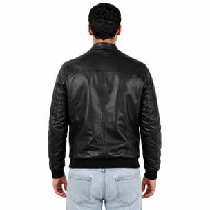 Giubbino in vera pelle di vitello foderato con trapunta invernale Nero-Slim Fit