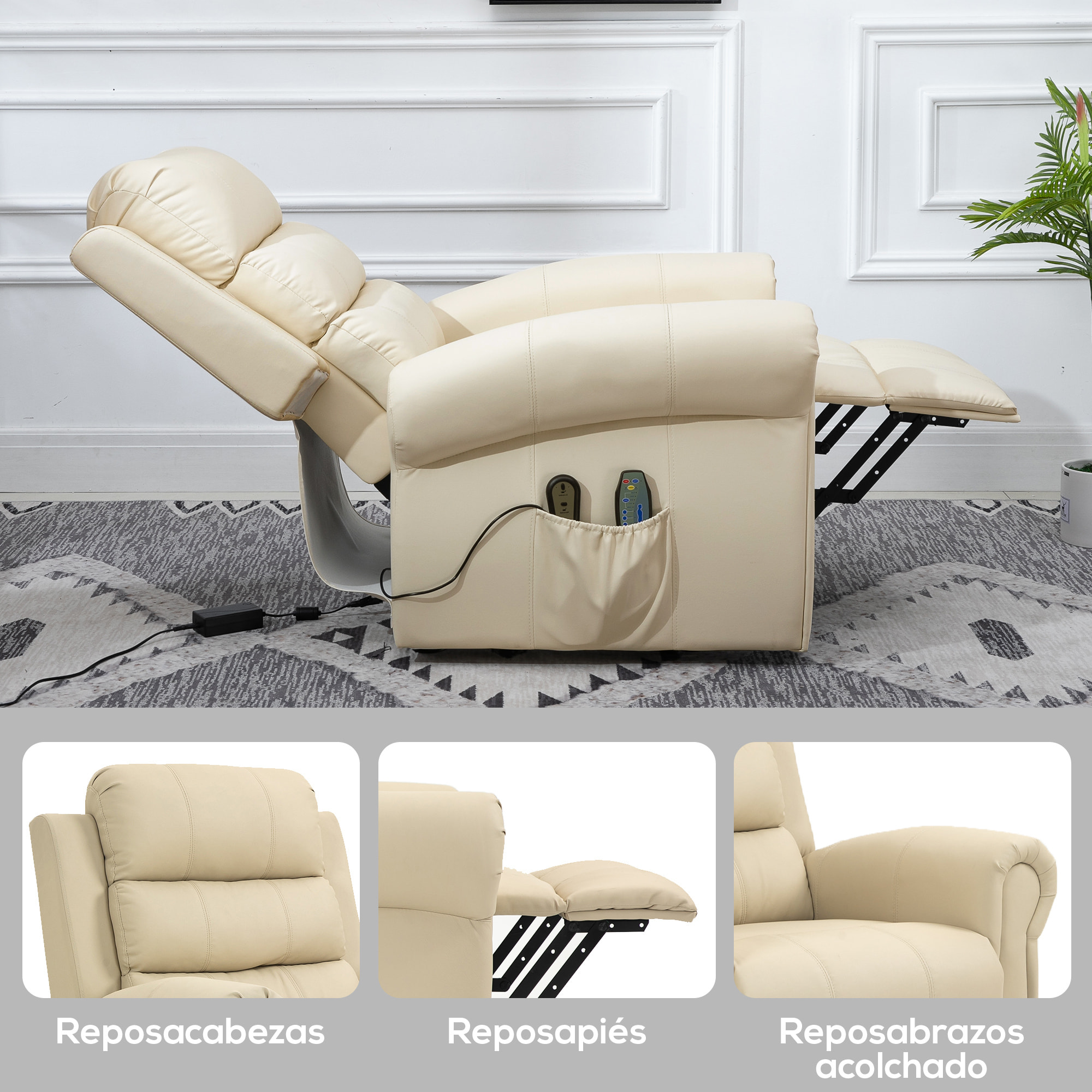 Sillón Relax Reclinable Eléctrico Levanta Personas, con Masaje Vibratorio y Calor, Sillón Elevador, con Control Remoto, Reposapiés, Tapizado en PU, Bolsillos Laterales, Crema