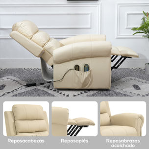 Sillón Relax Reclinable Eléctrico Levanta Personas, con Masaje Vibratorio y Calor, Sillón Elevador, con Control Remoto, Reposapiés, Tapizado en PU, Bolsillos Laterales, Crema