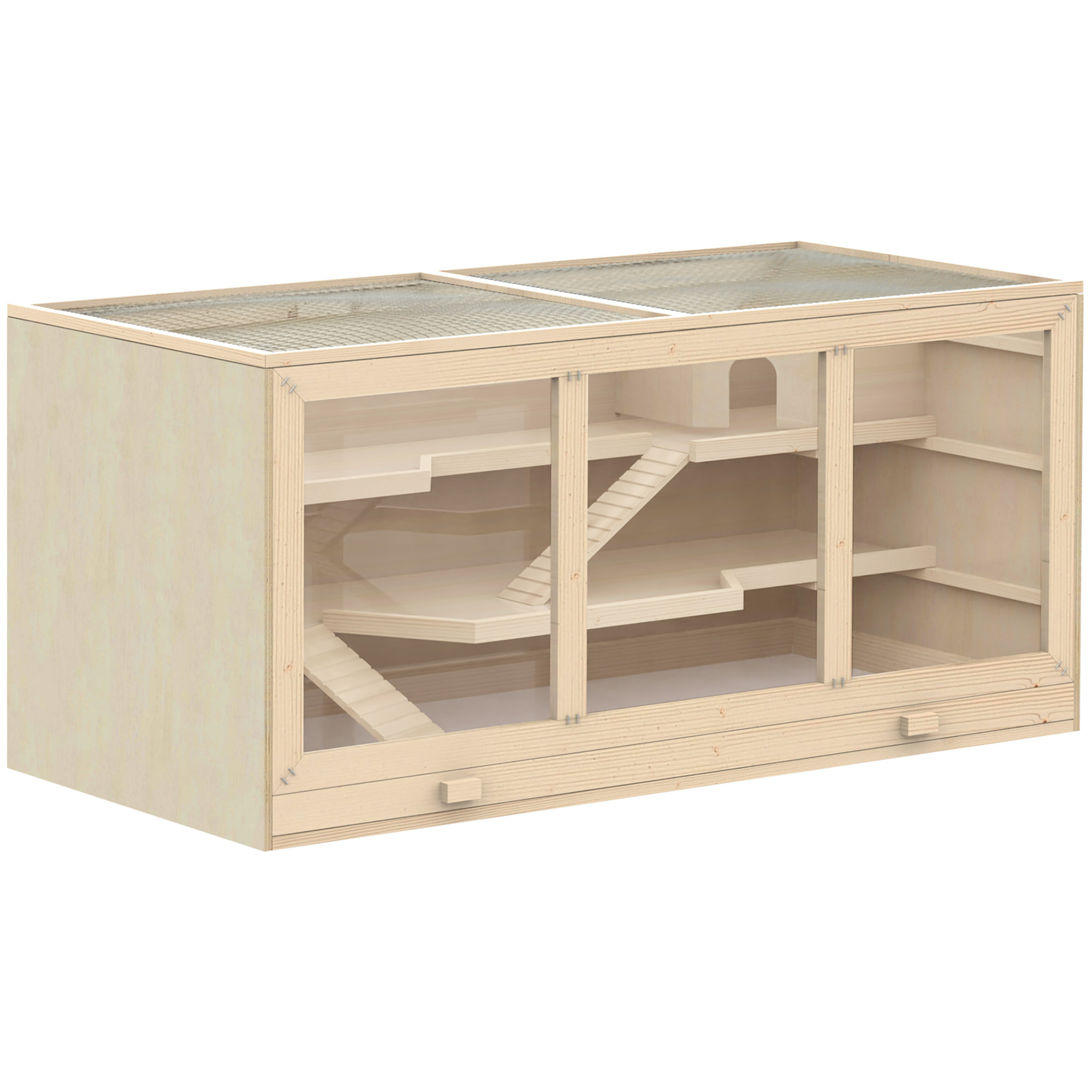 Cage pour hamster 2 étages dim. 115x57x55cm toit ouvrable fenêtres cabane 2 échelles plateau déjection bois