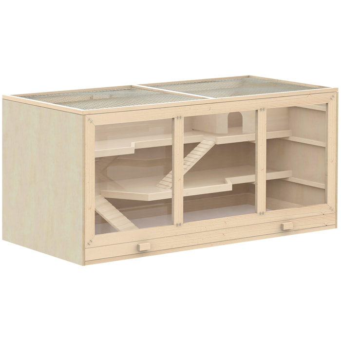 Cage pour hamster 2 étages dim. 115x57x55cm toit ouvrable fenêtres cabane 2 échelles plateau déjection bois