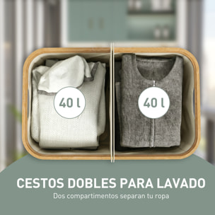 Cesto de Ropa Sucia con Tapa, 80L, Cesta de Ropa Sucia Plegable de Tela no Tejida, Marco de Bambú, con 2 Compartimentos, Asas de Ranura, para Lavandería, 54x34x58,5 cm, Beige