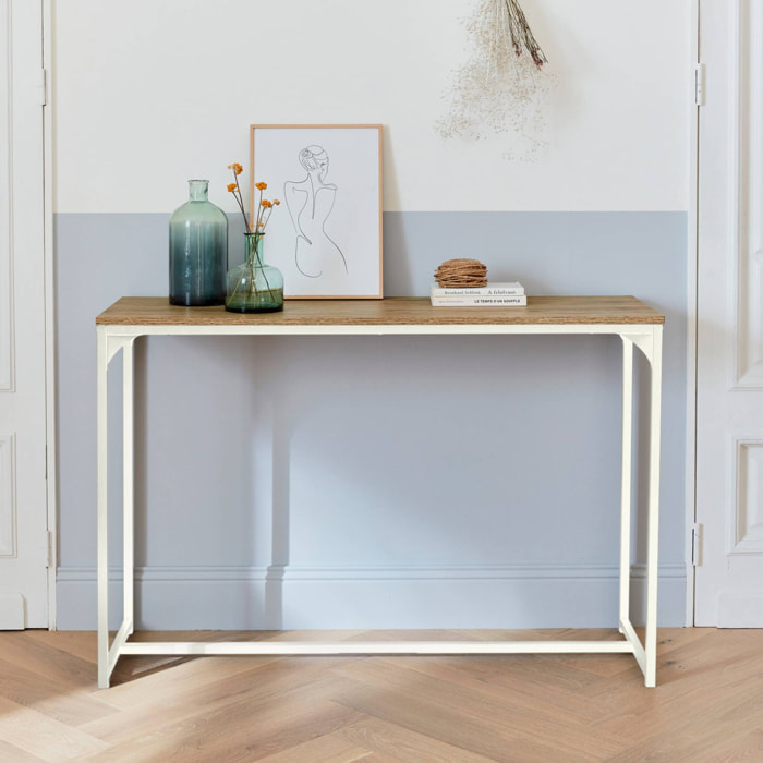 Console en métal blanc mat et décor bois. 120x39x79cm - Loft -  table d'appoint avec 1 barre de renfort