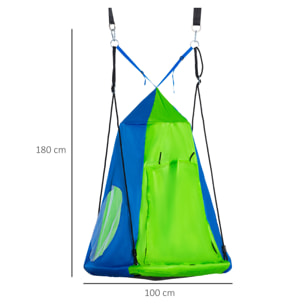 Balançoire nid d'oiseau ronde balançoire panier Ø 1 x 1,8H m - tente amovible incluse - 4 anneaux inclus métal époxy Oxford haute densité bleu vert