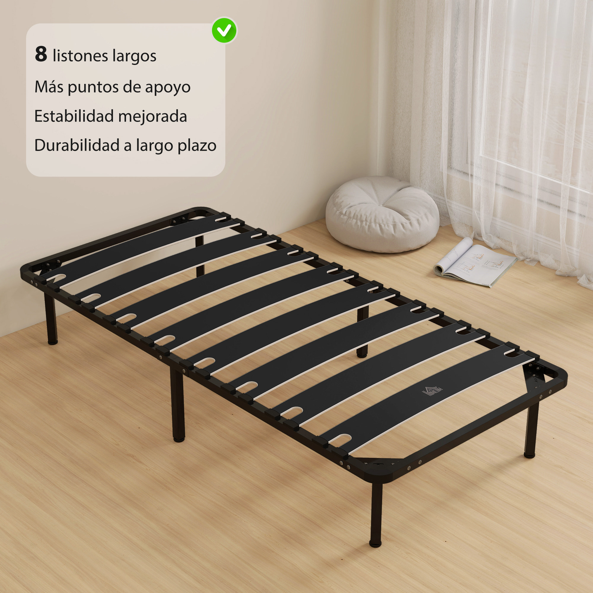 Somier 90x190 cm, Altura 26 cm, Estructura de Cama de Plataforma de Acero con Espacio de Almacenamiento Debajo y Láminas de Álamo, Fácil de Montar, Carga 300 kg, Negro