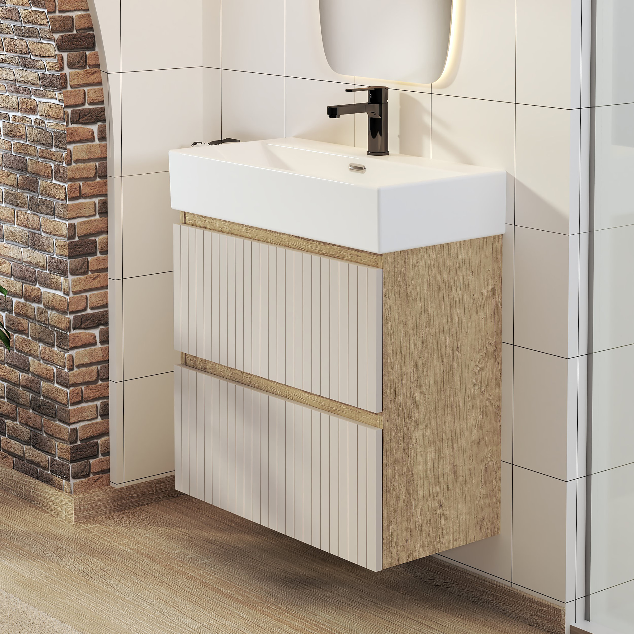 Ensemble de Salle de Bain Zel | Meuble Suspendu | 70 cm Glacier | Deux Tiroirs | Lavabo Encastré | Miroir non inclus | Meuble Monté | Alday