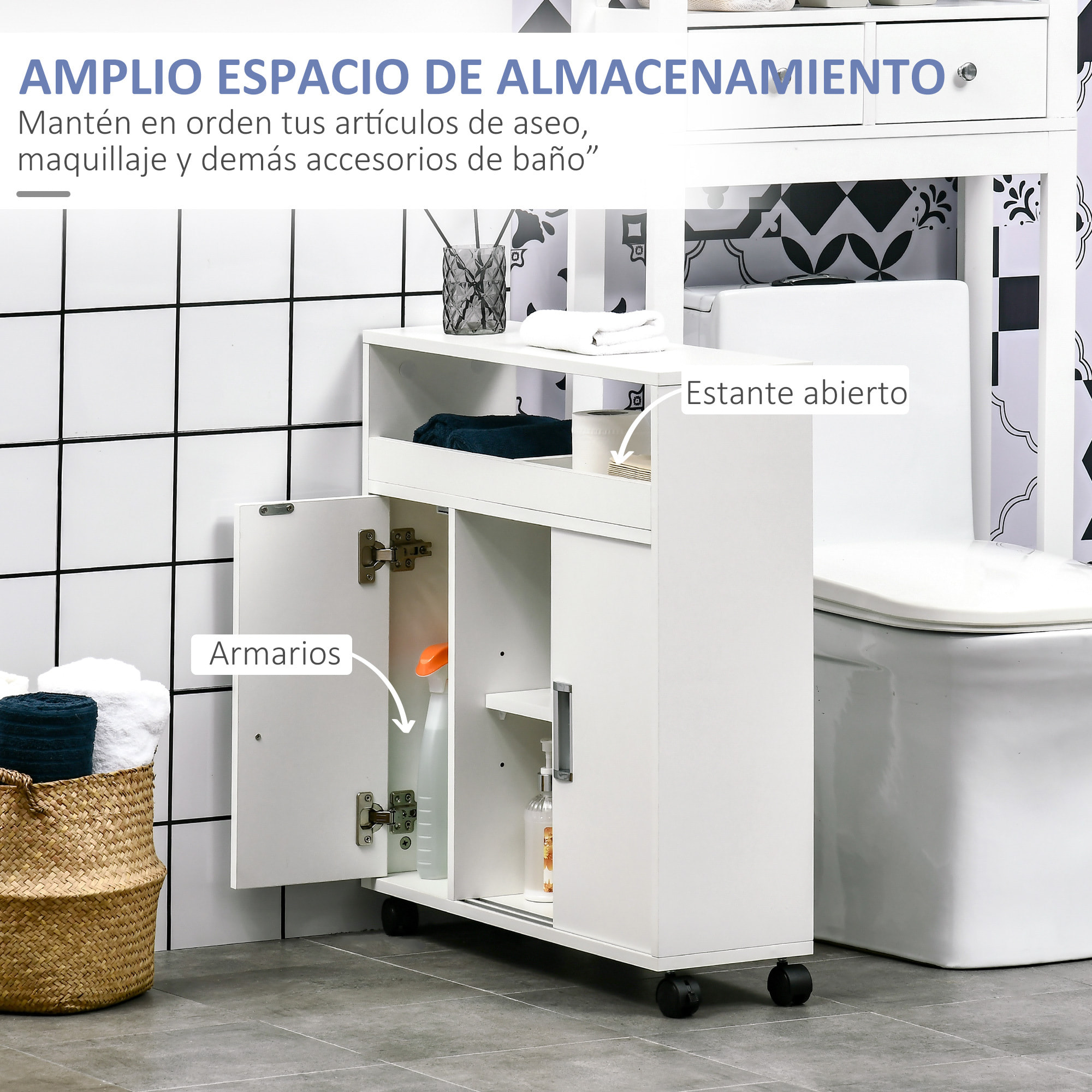 kleankin Armario de Baño con 2 Estantes Abiertos 3 Puertas y Balda Interior Ajustable Mueble Auxiliar de Almacenaje con Ruedas para Salón Cocina Dormitorio 70x20x71 cm Blanco