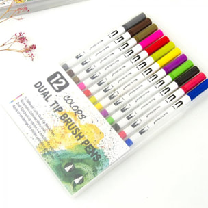 Set 12 Rotuladores BLACK LINE color doble punta, punta fina 0,4 mms y punta pincel acuarelable profesional. Forma redonda ergonómica para lettering, caligrafía, ilustraciones…