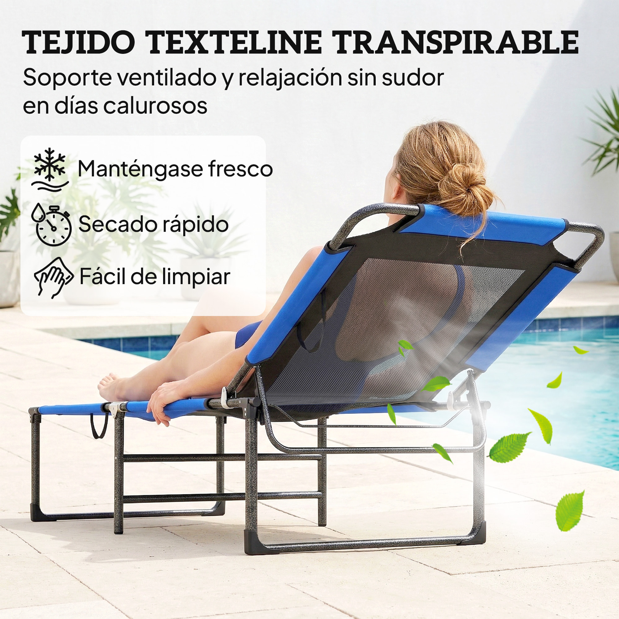 Tumbona Plegable, Tumbona Jardín Exterior con Respaldo Ajustable en 4 Posiciones, Asas de Transporte y Respaldo de Textilene, Carga 120 kg, para Terraza, Piscina, Playa, 175x58x68 cm, Azul