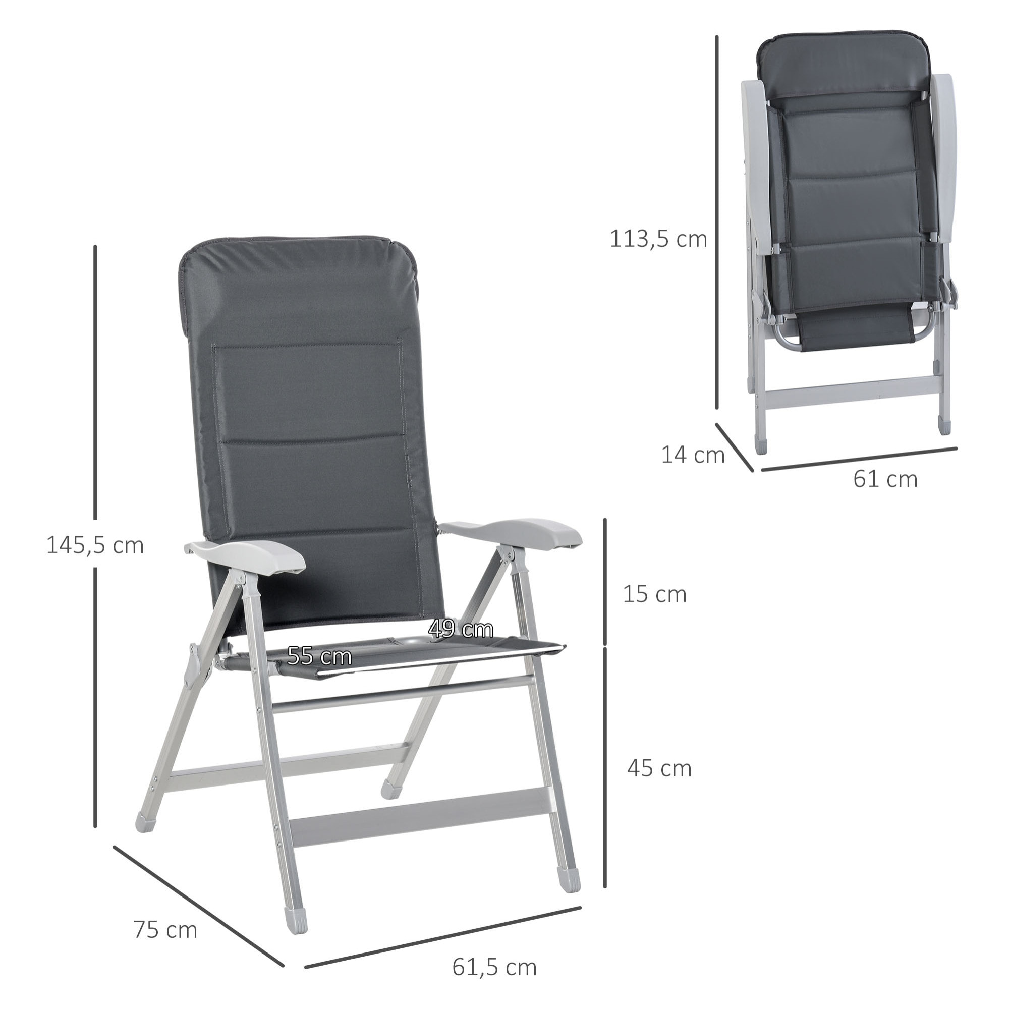 Lot de 2 chaises de jardin pliantes dossier haut inclinable multipositions accoudoirs tétière alu. oxford déperlant gris