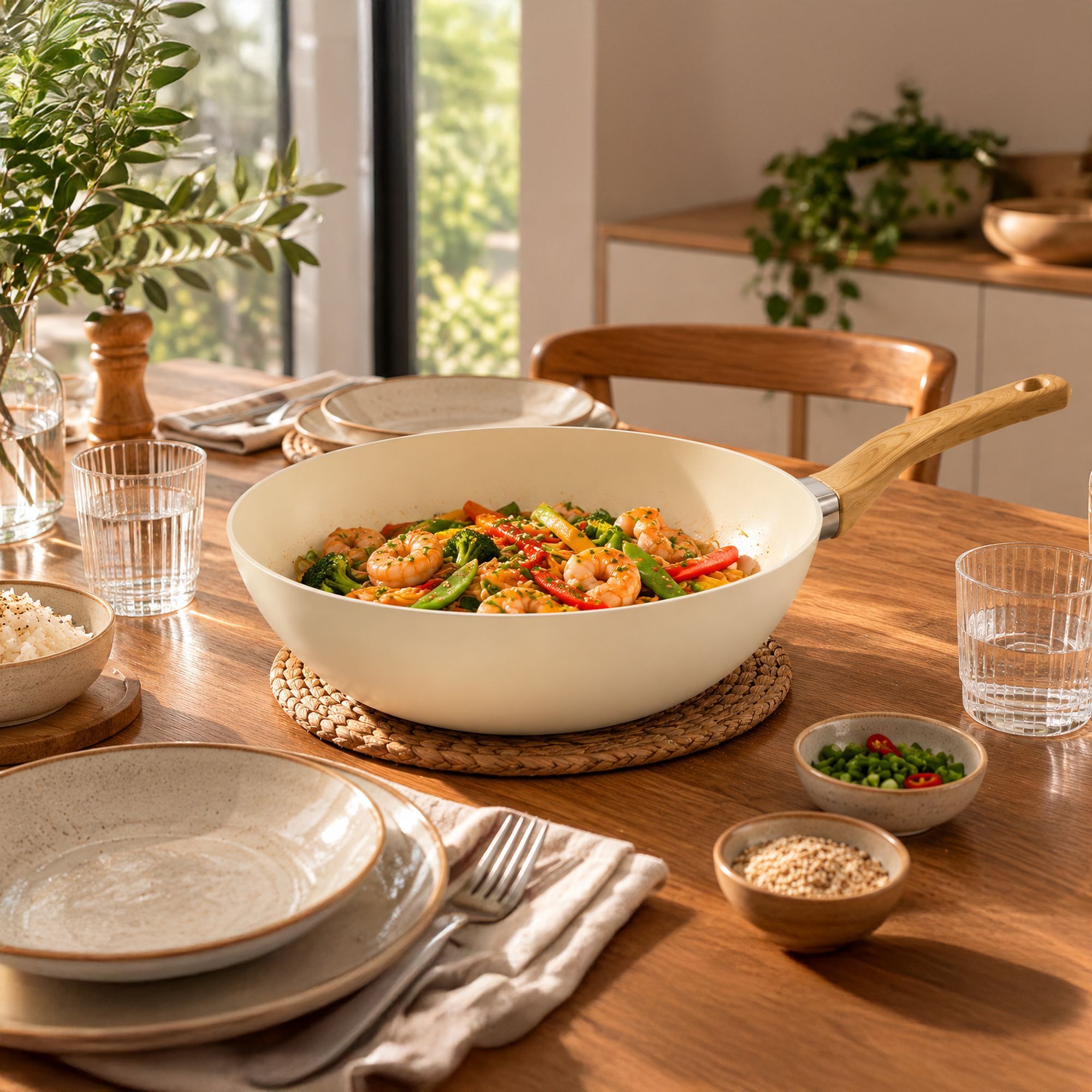 Wok 24cm avec revêtement céramique crème - tous feux COLORAMA