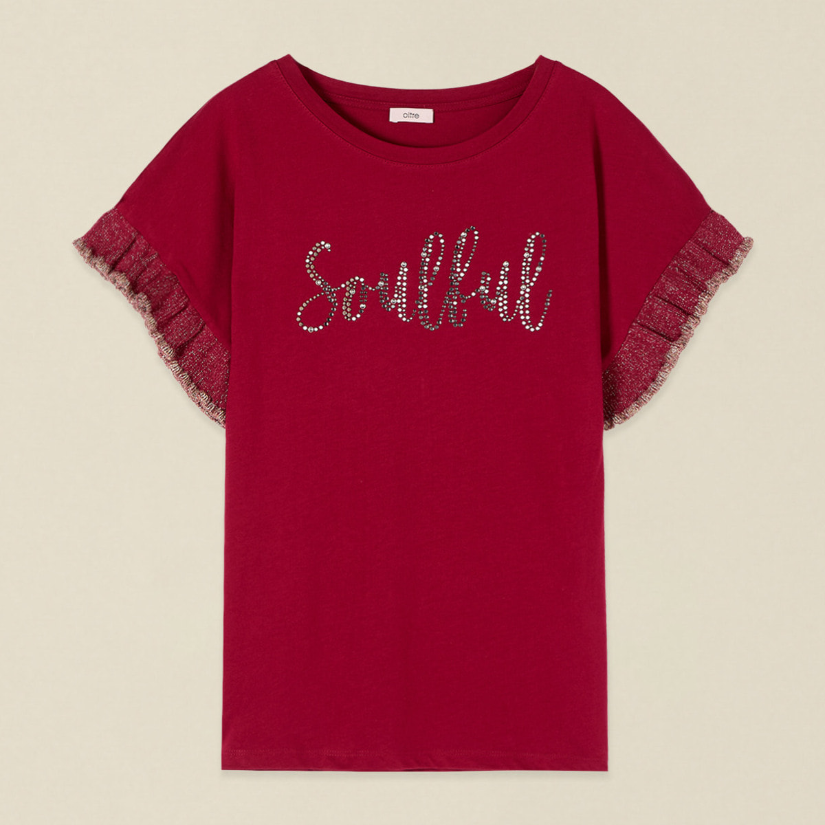 Oltre - Camiseta de algodón con cristales y volantes - Burgundy