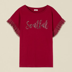 Oltre - Camiseta de algodón con cristales y volantes - Burgundy
