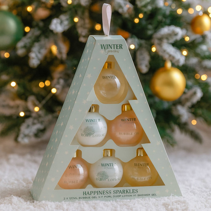 Set de regalo en forma de árbol de navidad con 6pzs de loción corporal, gel de ducha y baño de burbujas
