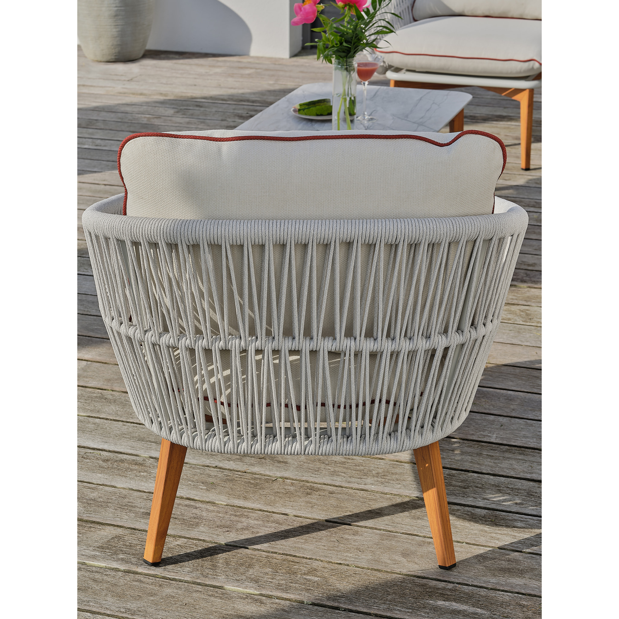 CUZCO - Salon bas de jardin 5 pl en alu imitation bois et corde tissée