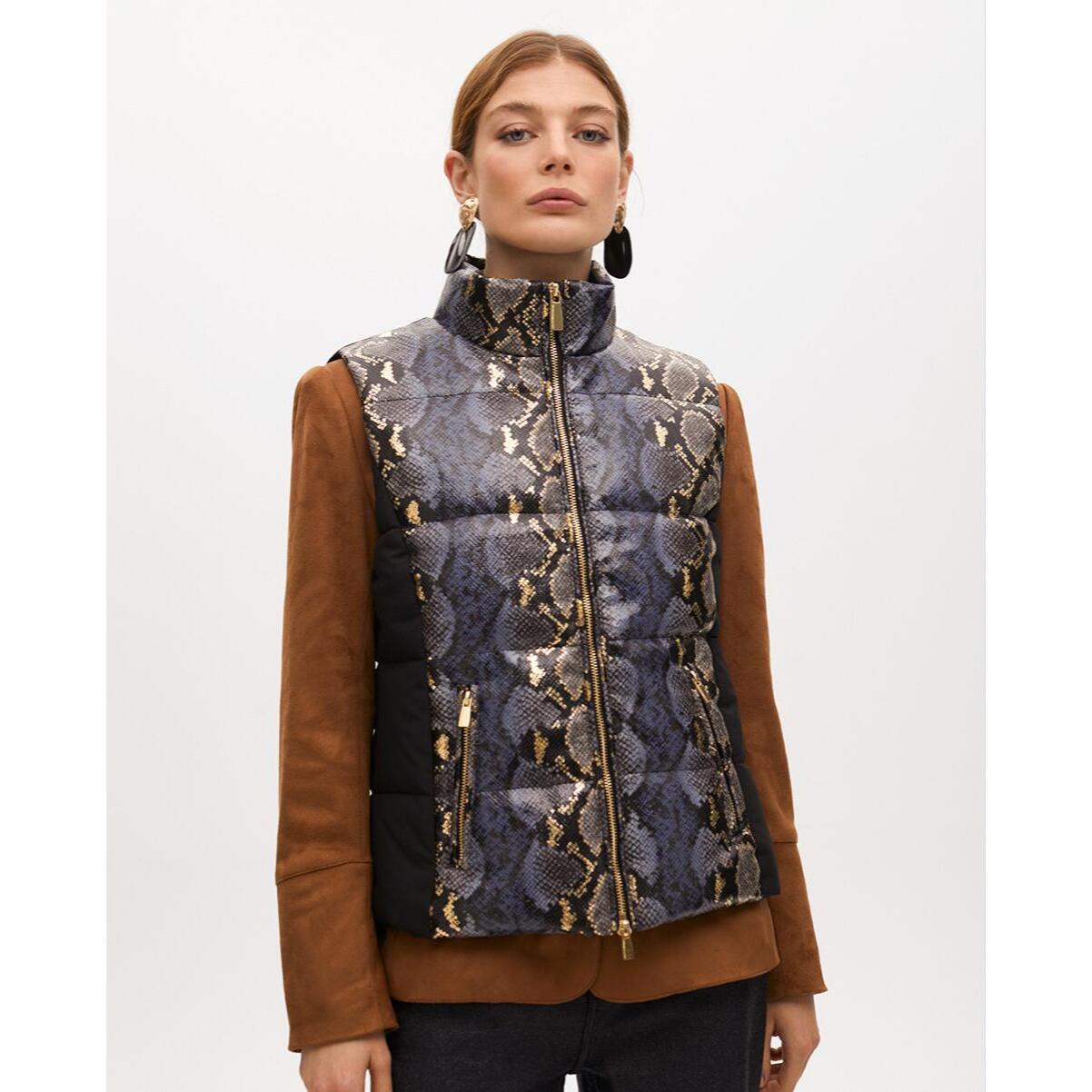 Gilet imbottito stampa animalier e dettagli dorati