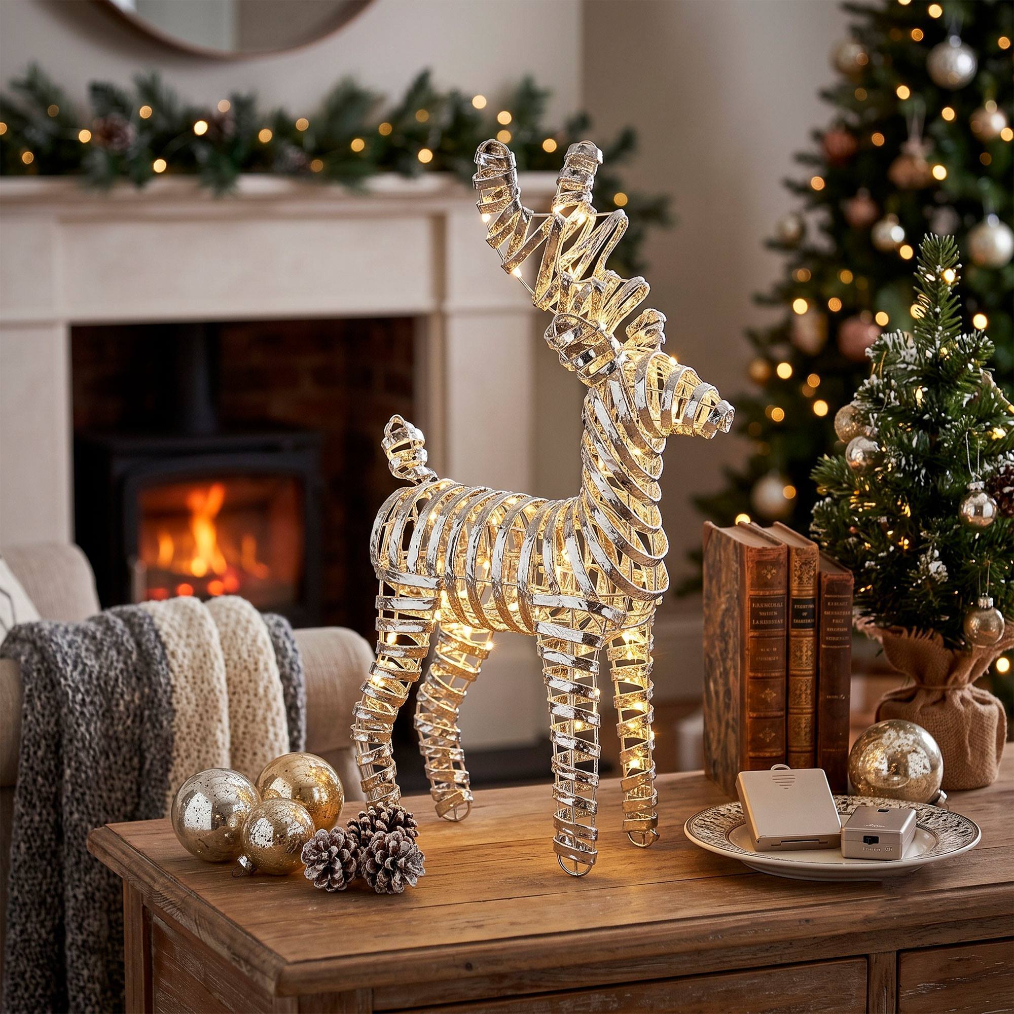 Reno navideño led plateado con 30 microled blanco cálido, con temporizador 24x9x37 cm