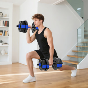 Ensemble d'haltères musculation multifonction 4 en 1 - haltères, kettlebell, push-up support, Olympic barre - total 20Kg - PVC bleu noir