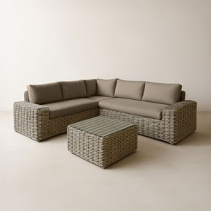 Salon de jardin 7 places en résine tressée effet rotin et coussin gris ANTIGUA