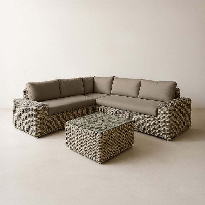 Salon de jardin 7 places en résine tressée effet rotin et coussin gris ANTIGUA