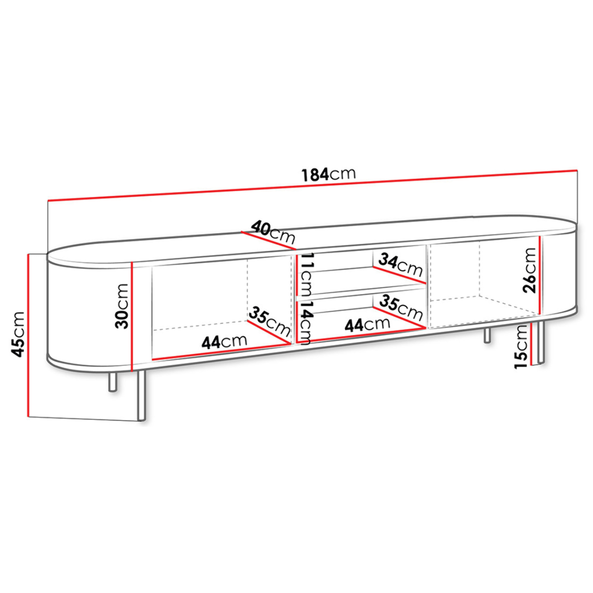 Sansa - meuble tv 184 cm - 2 portes et 2 niches - plateau effet marbre - Bois / Noir