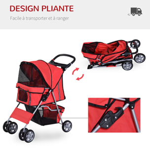 Poussette buggy pliable animaux chariot pliant chien chat porte-gobelet panier de rangement inclus roues avec frein tissu 600D Oxford métal rouge