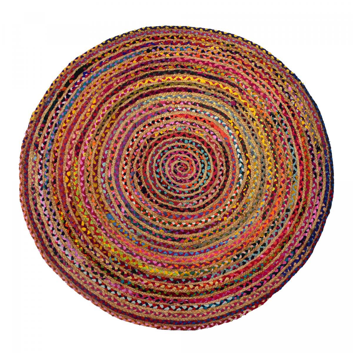 Tapis rond fait à la main en tissu recyclé motif ethnique DECU