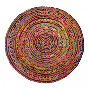Tapis rond fait à la main en tissu recyclé motif ethnique DECU