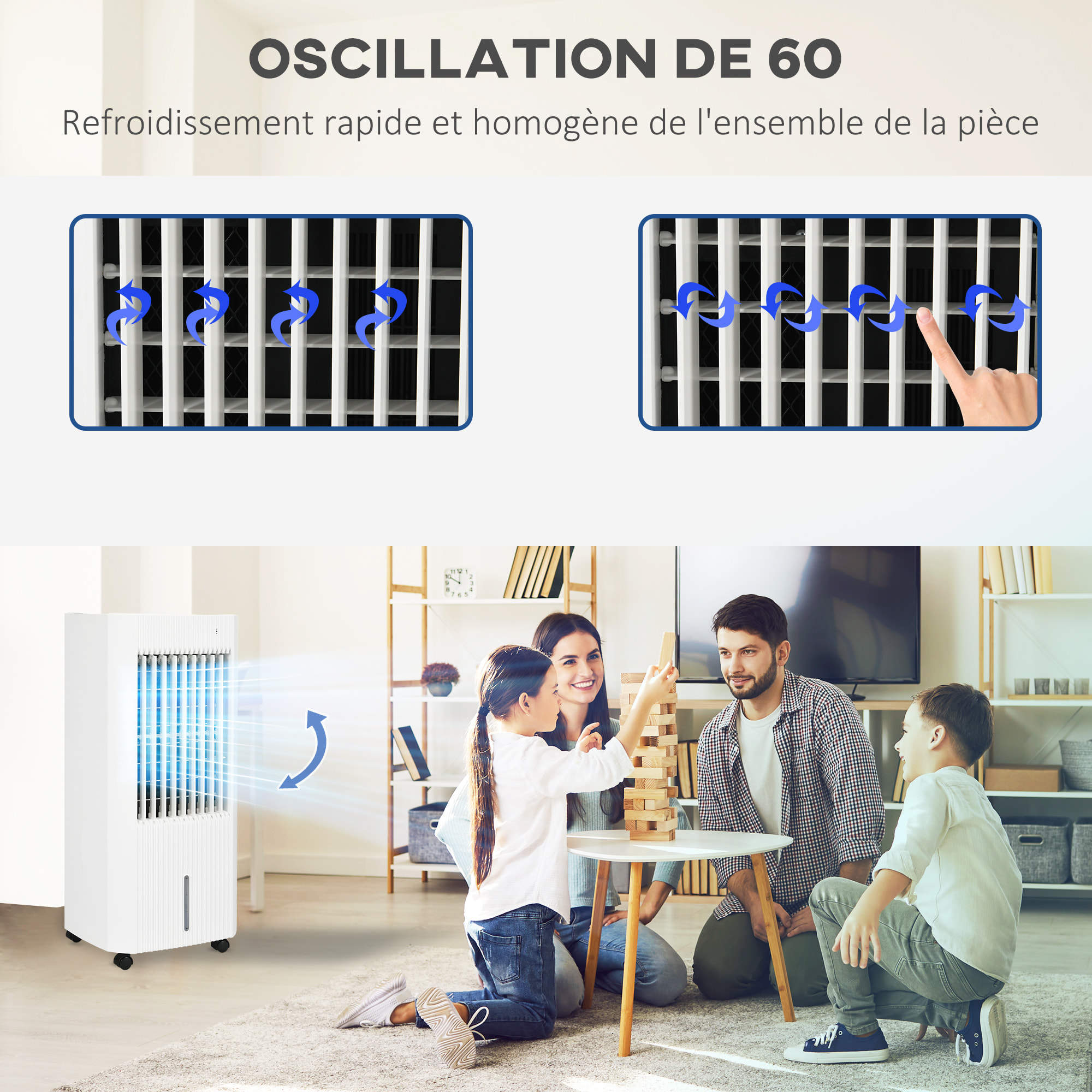 Refroidisseur d'air oscillant ventilateur humidificateur 3 en 1 - timer 15h, 3 modes, 3 vitesses, réservoir 5L, télécommande - blanc