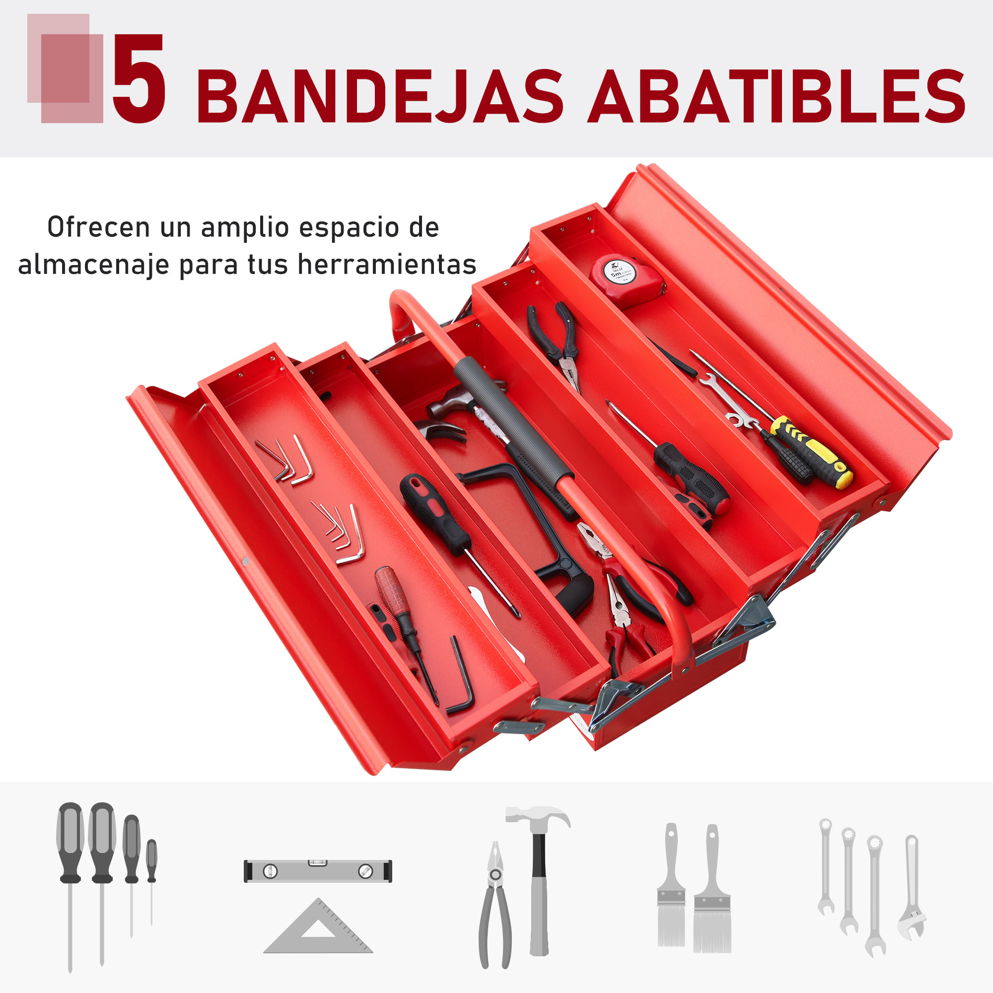 DURHAND Caja de Herramientas de Acero Plegable Portátil con 5 Compartimentos y Mango de Transporte para Taller Bricolaje Hogar 56x20x21-34 cm Rojo