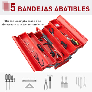 DURHAND Caja de Herramientas de Acero Plegable Portátil con 5 Compartimentos y Mango de Transporte para Taller Bricolaje Hogar 56x20x21-34 cm Rojo