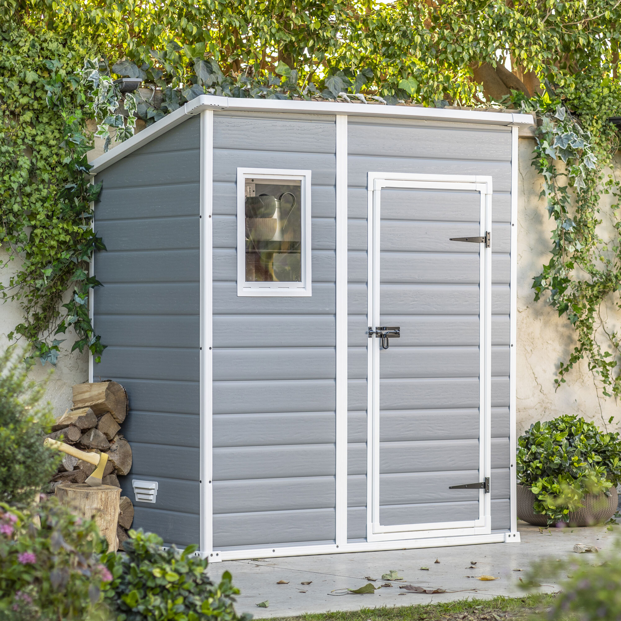 Manor Pent 6x4- Casetta da Giardino 183,50x200,50x111 cm 1 Anta per deposito attrezzi finitura effetto legno graffiato in Resina Grigio