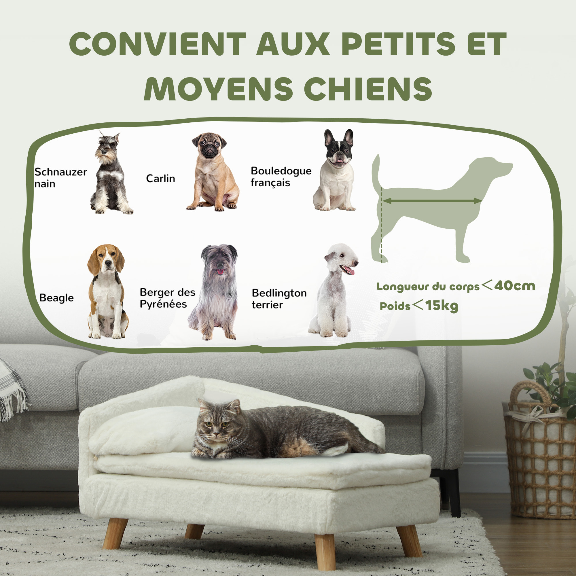 Canapé chien méridienne style scandinave 2 coussins déhoussables bois aspect fourrure crème